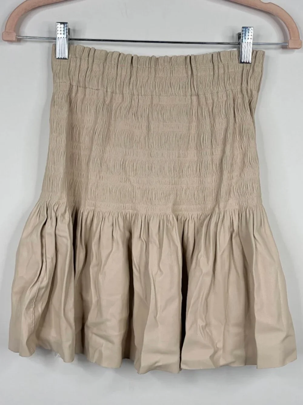 ZARA Pullon Mini Faux Leather Flounce Smocked Skirt Cream Small #A3961